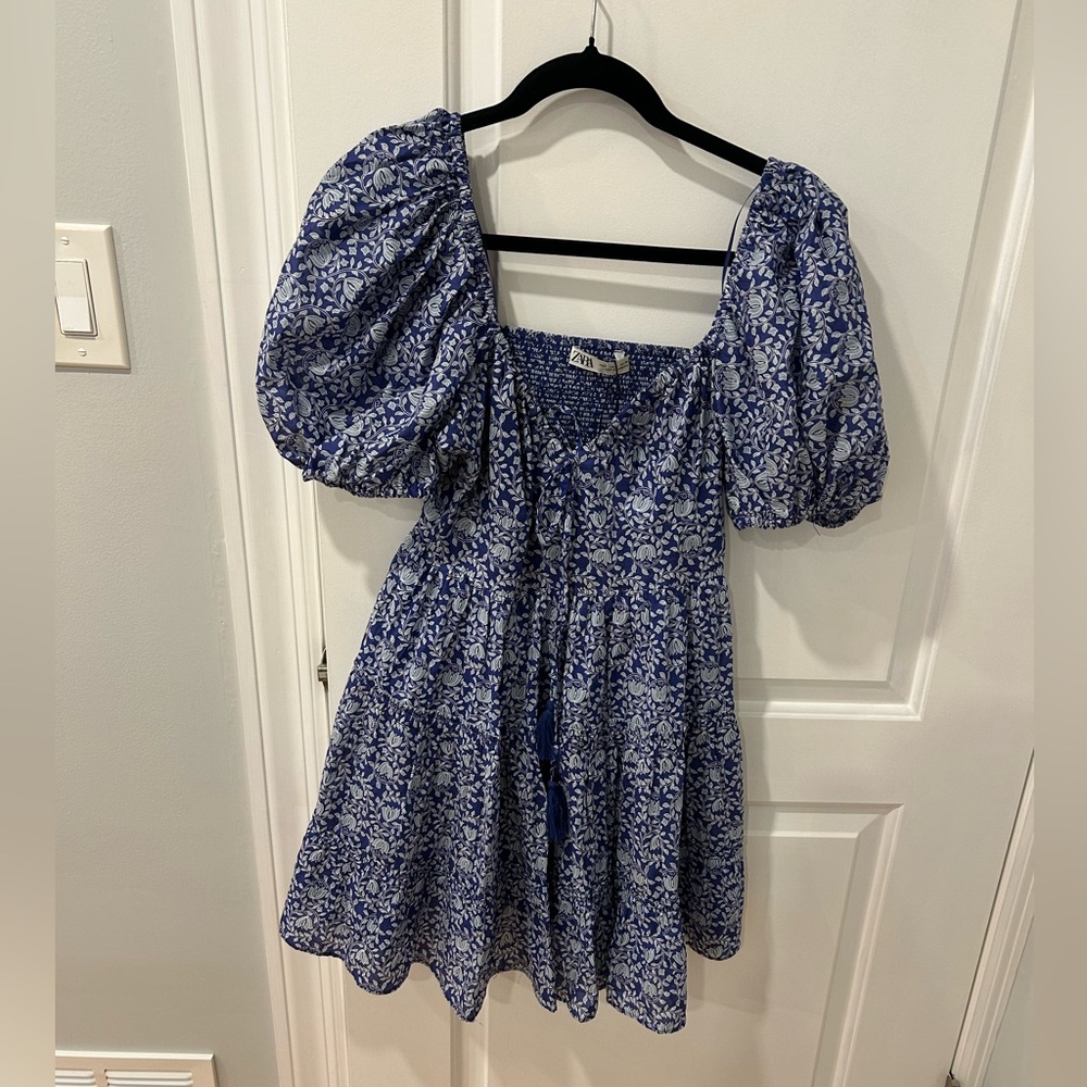 Zara Blue Floral Puff Sleeve Dress